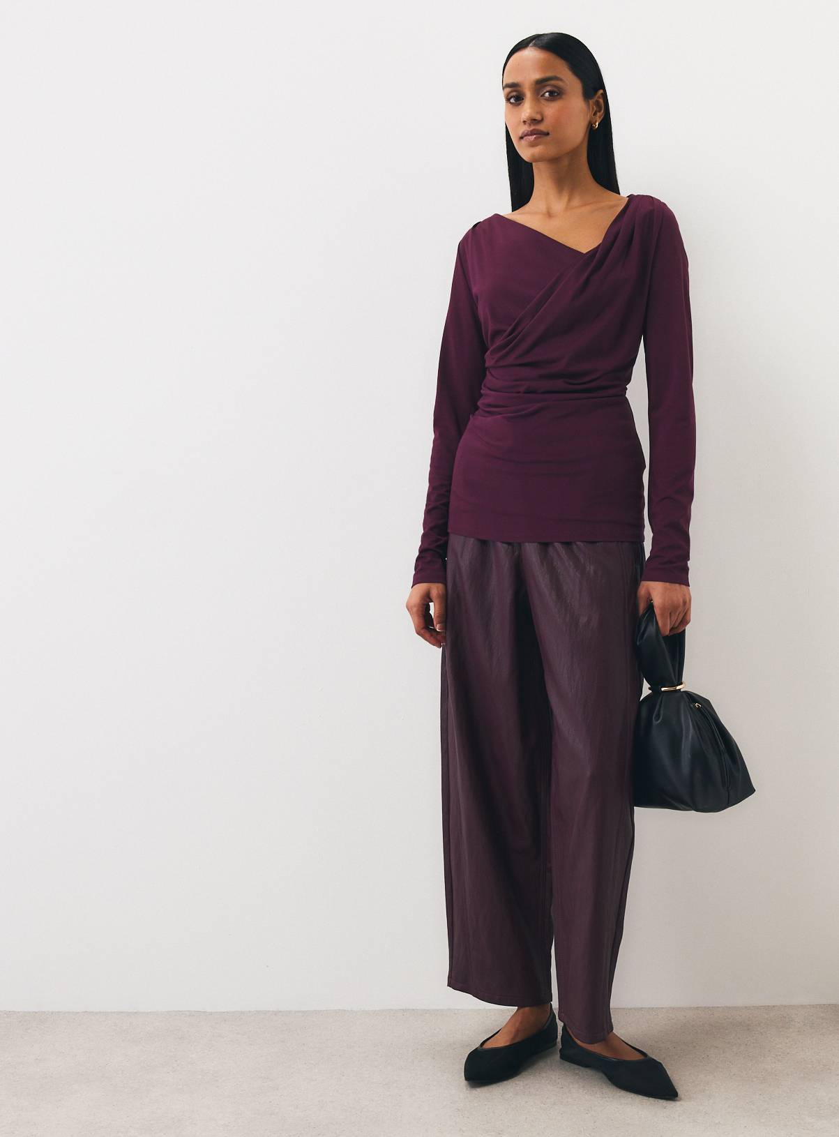 Berry Red Draped Crewneck Long Sleeve Top 26 - Image 2